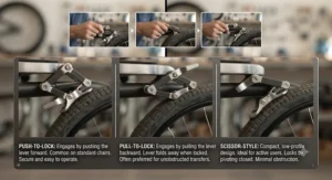 A comparison graphic showing push-to-lock, pull-to-lock, and scissor-style wheelchair wheel locks side-by-side.