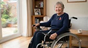 Elderly user easily operating wheelchair extension brakes independently to lock the rear wheels.