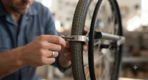 An illustration demonstrating how to adjust the tension and positioning of a wheelchair wheel lock using an Allen key.