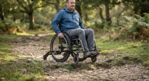 Close-up illustration demonstrating how to attach anti-tippers for outdoor wheelchair use safely.