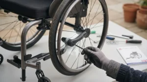 A technical photograph illustrating the fitting of a one-handed wheelchair wheel lock extension. A gloved hand uses an Allen key to secure the black ergonomic handle to the existing brake mechanism on the rear wheel. The scene is on a clean workbench with tools and an instruction manual visible in the background.