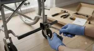 Step-by-step installation of an anti-tip wheelchair kit using standard household tools.