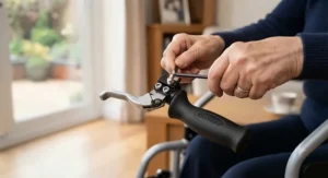 Close-up of hands securely attaching a wheelchair extension brake clamp to an existing braking system.