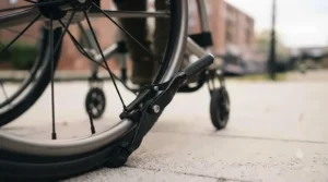 Close-up of a manual wheelchair wheel lock engaged against the tyre for everyday parking safety.