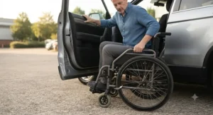 A wheelchair user performing a safe lateral transfer to a car seat, with the wheel locks firmly engaged.