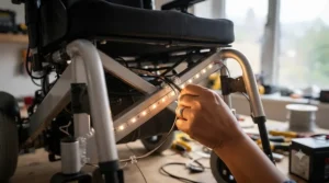 A close-up view showing how to install LED strips underneath a wheelchair seat for better visibility.