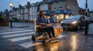 A wheelchair user crossing a road at night, clearly visible to others due to integrated LED safety lights.