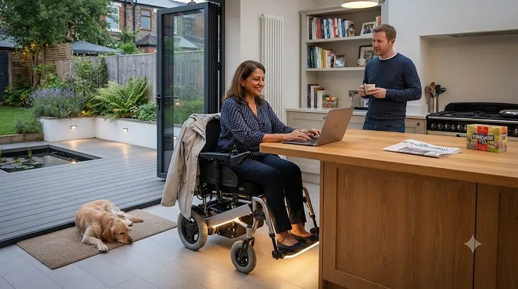 A person using a wheelchair fitted with bright LED lights for increased safety and visibility in the UK. LED lights for wheelchair