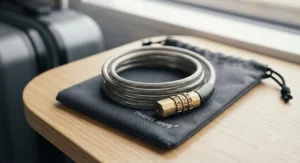 A compact, coiled wheelchair security cable packed inside a travel bag.
