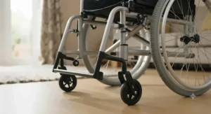 Lightweight black anti-tip castor wheels positioned safely off the ground behind large wheelchair wheels.