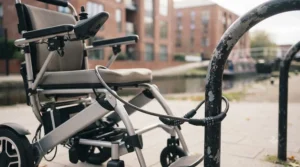 Powerchair securely tethered to a cycle hoop using a high-security braided steel cable.