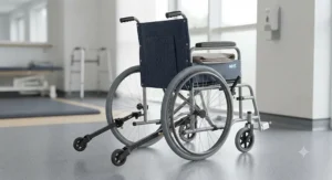 Standard manual wheelchair equipped with dual rear anti-tip safety wheels