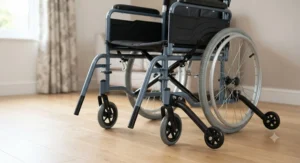 A standard transit wheelchair equipped with rear anti-tip extension bars to prevent backward falls.
