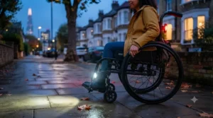 Side profile of a user benefiting from the enhanced visibility provided by a wheelchair front and rear light set at dusk.