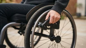 A detailed close-up photograph of a one-handed wheelchair wheel lock mechanism, showing the ergonomically designed, black extended lever attached to the standard brake. The hand of the user, wearing a dark jumper sleeve, is clearly gripping the handle, demonstrating its accessibility from a seated position.