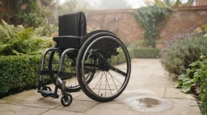 A lightweight manual wheelchair parked securely on a wet flagstone pathway in an English garden after a light shower. The extended one-handed wheel lock is visibly engaged on the rear wheel, highlighting its durability and the user's ability to secure the chair outdoors.