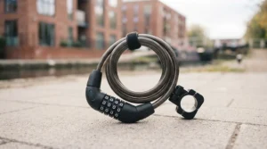 Lightweight combination lock and cable accessory suitable for securing portable wheelchairs on public transport.