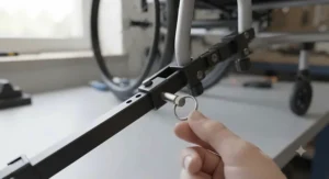 Detail of the quick-release pin on a removable manual wheelchair anti-tip bar