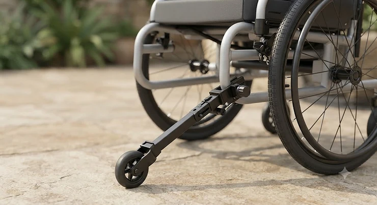 Rear anti-tip bar fitted securely to the back of a manual wheelchair