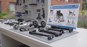 Side-by-side comparison of quick-release removable wheelchair anti-tippers versus fixed anti-tip bars.
