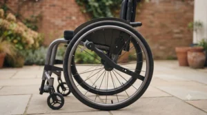A precise side profile view of a lightweight manual wheelchair on a flagstone patio. The focus is sharp on the rear wheel, clearly showing the fully installed, extended-handle wheel lock (brake) for one-handed use in the disengaged position, highlighting its design and reach.