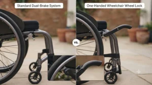 A split-screen visual comparison. The left side shows a standard, short-lever wheelchair brake. The right side shows the same mechanism fitted with the long, ergonomic one-handed use handle, demonstrating the increased accessibility. A central inset provides a close-up of the difference in reach.