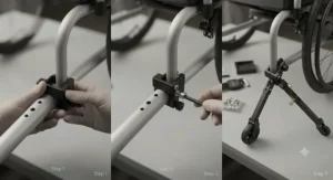 Step-by-step illustration showing how to attach an anti-tip bar to a wheelchair frame