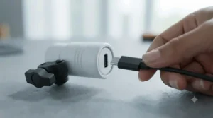 USB cable charging a battery unit for a rechargeable wheelchair front and rear light set.