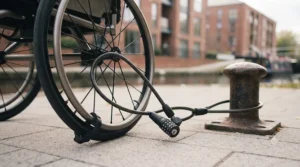 Heavy-duty security cable locking a wheelchair frame to a fixed rail outside a British high street shop.