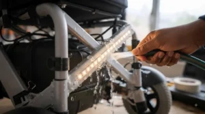 A detailed shot highlighting the water-resistant casing of a high-quality LED lighting kit for wheelchairs.