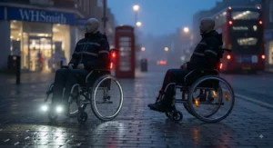 Waterproof LED wheelchair light fixture tested against typical British wet weather conditions.