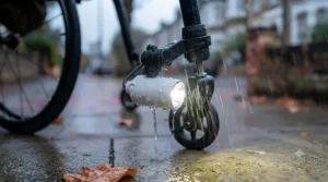 Water-resistant design of the wheelchair front and rear light set tested for use in typical UK rainy conditions.