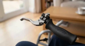 Detailed view of the locking mechanism on a wheelchair brake extender for enhanced safety and leverage.