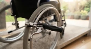 Wheelchair with extension brakes securely engaged to prevent rolling while stationary on an incline.