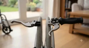 Comparison showing standard wheelchair brakes alongside extended brake levers for easier reach.