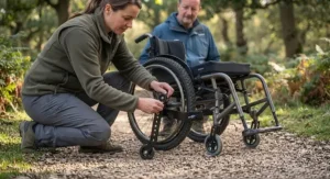 An illustration showing a wheelchair safely dropping off a dropped kerb using anti-tippers for outdoor wheelchair use.