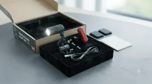 Unboxed components of a complete wheelchair front and rear light set including mounting brackets and USB cables.