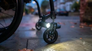 Close-up of a bright white LED front light from a wheelchair light set securely clamped to the frame.