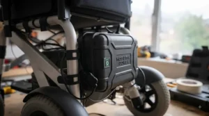 A weather-resistant battery pack securely mounted to a wheelchair frame to power LED lighting.