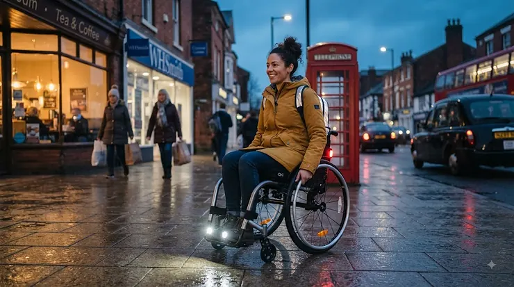 A side-by-side comparison of a wheelchair with bright LED safety lights versus passive reflectors on a dark UK street. wheelchair lights vs reflectors