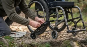 A wheelchair user navigating a steep outdoor access ramp using anti-tippers for outdoor wheelchair use.