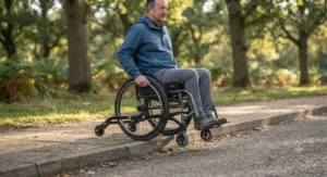 A wheelchair maintaining stability on a grassy park slope thanks to anti-tippers for outdoor wheelchair use.