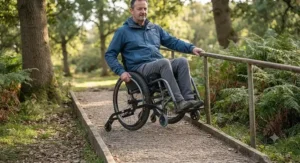 An illustration of a wheelchair rolling smoothly along a British park gravel path with anti-tippers for outdoor wheelchair use.