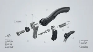 A professional exploded-view diagram of all components for the one-handed wheelchair wheel lock. Parts like the extended lever, frame clamp, bolts, and spring are meticulously arranged and numbered against a neutral grey background, with a legend identifying each item (e.g., Main Lever, Frame Clamp).