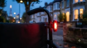 Rear red safety light included in the wheelchair front and rear light set, mounted for high visibility on UK pavements.