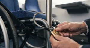 A wheelchair safely locked and secured in a designated accessibility space on a UK train.