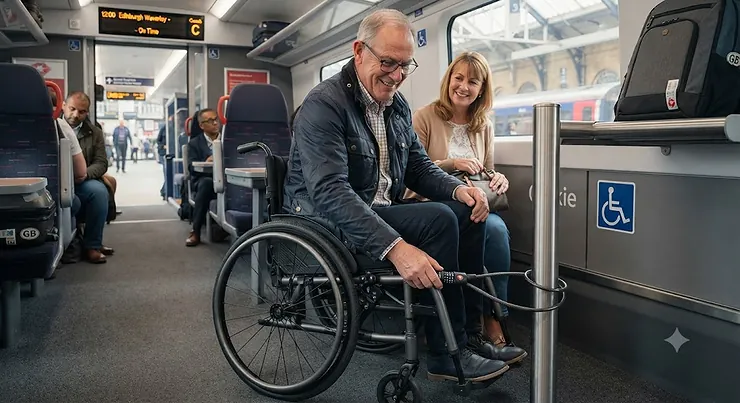 A wheelchair securely locked with a travel security cable at a British railway station. wheelchair security cable for travel