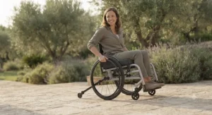 Wheelchair user demonstrating increased stability with a rear anti-tip bar outdoors