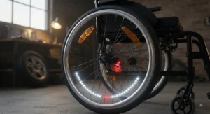 A wheelchair user navigating a dark British pavement at dusk using rechargeable LED wheelchair lights.