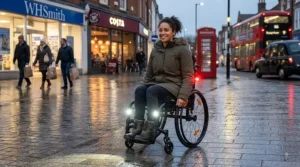 Infographic illustrating the visibility distance of wheelchair lighting versus reflective strips in low-light conditions.